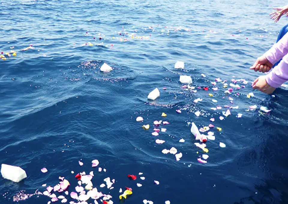 仙台市の花さいだんで家族と共に海洋散骨をしている画像